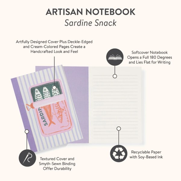 Artesian Design, Sardine Snack. Softcover notebook opens a full 180 degrees and lies flat for writing. Smyth-sewn binding provide durability. Recyclable paper with soy based ink. with image of cover